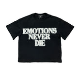 Emotions Never Die Text Graphic Black Cropped T‑Shirt