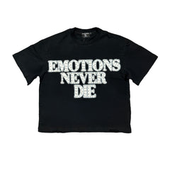Emotions Never Die Text Graphic Black Cropped T‑Shirt