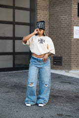 MIXED EMOTION Ripped Rhinestone Wide‑Leg Jeans