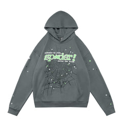 Sp5der Green Text Spider‑Web Dark Grey Pullover Hoodie