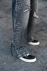 MIXED EMOTION Distressed Rhinestone Wide‑Leg Jeans