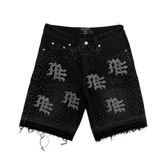 MIXED EMOTION Rhinestone Graphic Frayed Black Denim Shorts