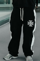 MIXED EMOTION Side‑Stripe Cross Graphic Street Pants