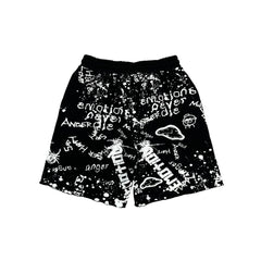 MIXED EMOTION Graffiti Text Print Black Streetwear Shorts