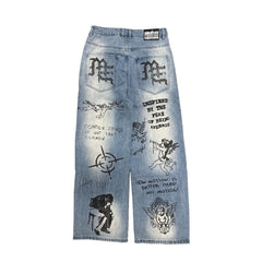 MIXED EMOTION Graphic Print Wide‑Leg Blue Jeans