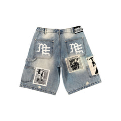 MIXED EMOTION Patchwork Distressed Denim Streetwear Shorts
