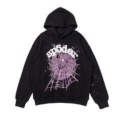 Sp5der Pink Spider‑Web Colorful Splatter Black Pullover Hoodie