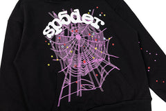 Sp5der Pink Spider‑Web Colorful Splatter Black Pullover Hoodie