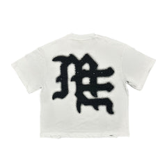 Emotions Never Die Black Distressed Letter Print White Cropped T‑Shirt
