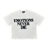 Emotions Never Die Black Distressed Letter Print White Cropped T‑Shirt
