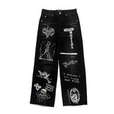 MIXED EMOTION All‑Over Graphic Print Black Wide‑Leg Jeans