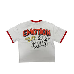 MIXED EMOTION Summer Surf Cat Red‑Trim Ringer White Cropped T‑Shirt