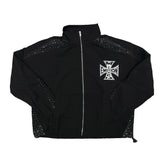 MIXED EMOTION Cross Graphic Rhinestone Panel Zip‑Up Windbreaker Jacket