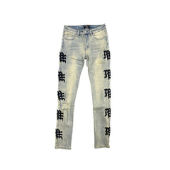 MIXED EMOTION Vertical Letter Print Slim‑Fit Jeans