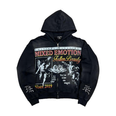 MIXED EMOTION Vintage Angel Artwork Full‑Zip Hoodie