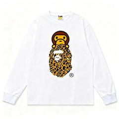 BAPE Style Baby Milo on Leopard Camo Ape Head Long-Sleeve Tee - White/Leopard