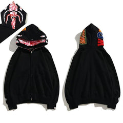 BAPE Style Solid Black Shark Full-Zip Hoodie - Camo Interior