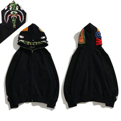 BAPE Style Solid Black Shark Full-Zip Hoodie - Green Camo Interior