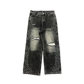 MIXED EMOTION Distressed Rhinestone Wide‑Leg Jeans