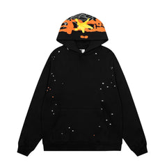 Sp5der Hood‑Print Star Splatter Pullover Hoodie