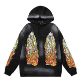 Black Fire‑Sleeve Graphic Oversized Hoodie