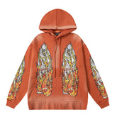 Orange Washed‑Style Flame Sleeve Graphic Oversized Hoodie