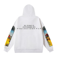 White Vintage‑Art Sleeve Graphic Oversized Pullover Hoodie