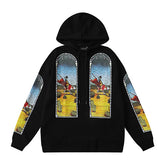 Black Scenery‑Print Long‑Sleeve Oversized Pullover Hoodie
