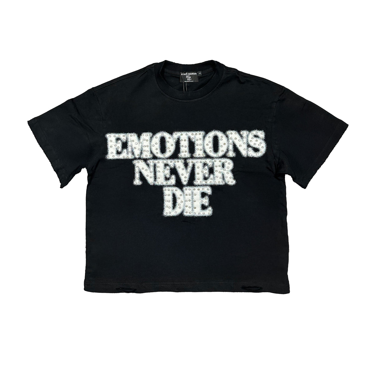 Emotions Never Die Text Graphic Black Cropped T‑Shirt