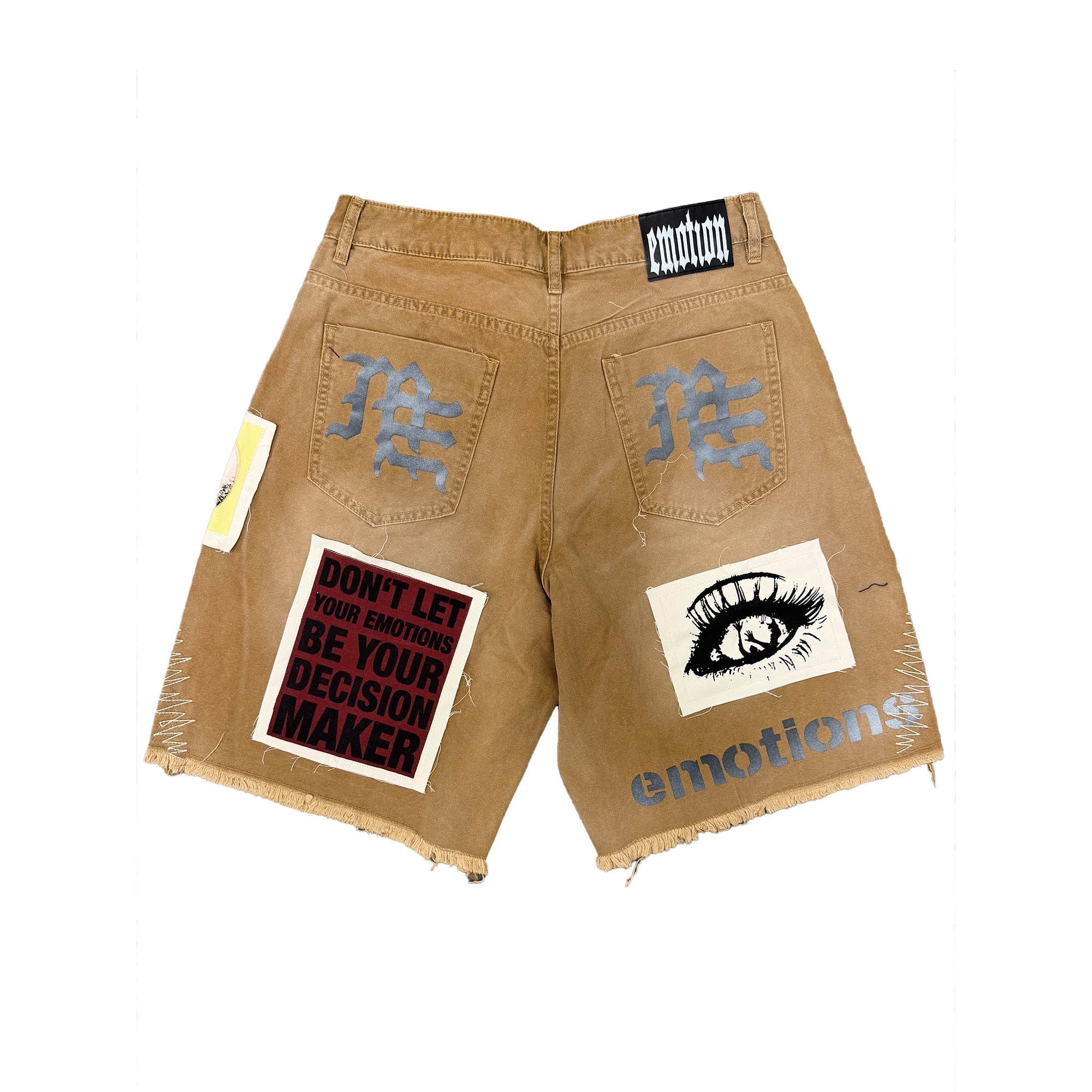 MIXED EMOTION Photo Patchwork Frayed Brown Denim Streetwear Shorts