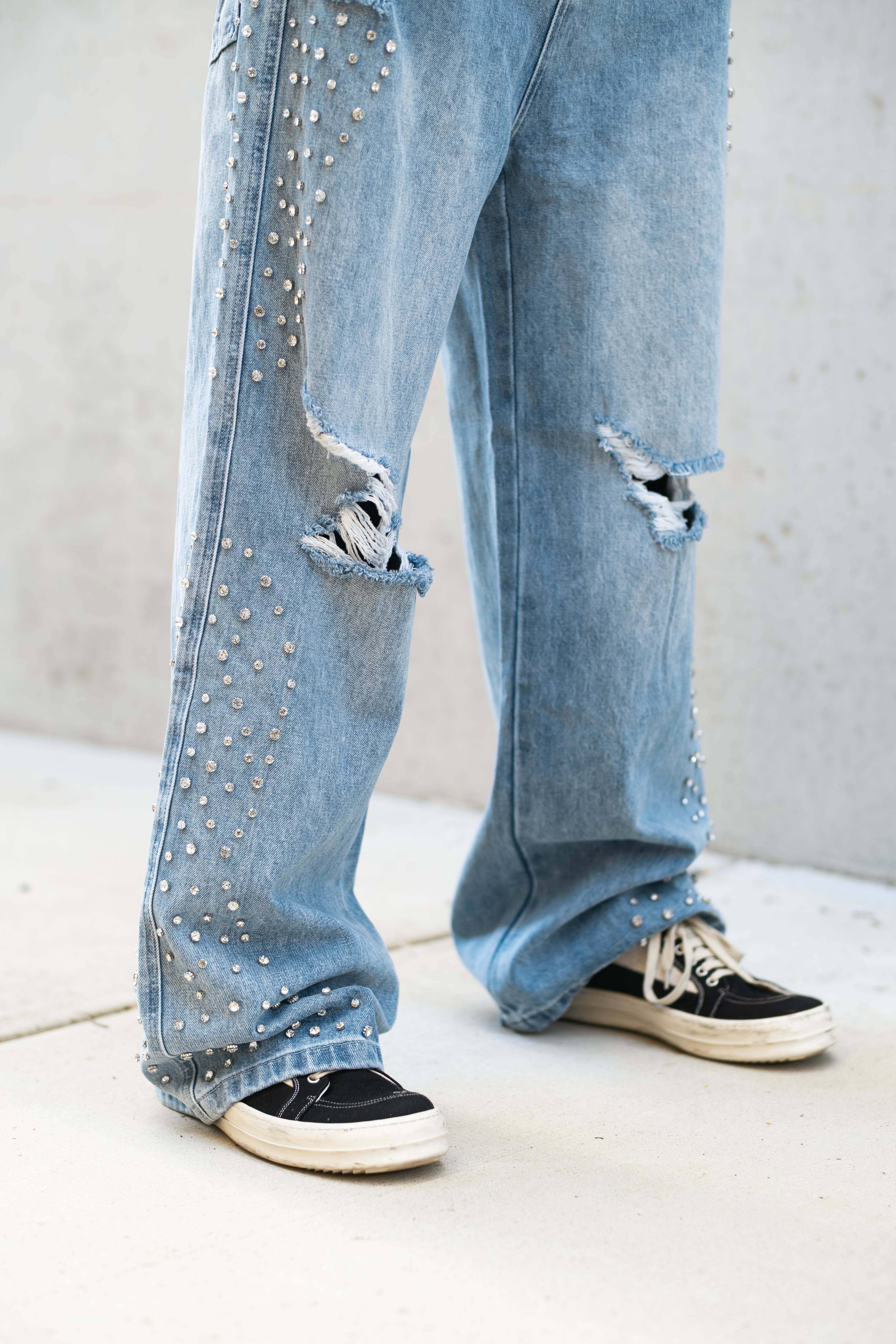 MIXED EMOTION Ripped Rhinestone Wide‑Leg Jeans