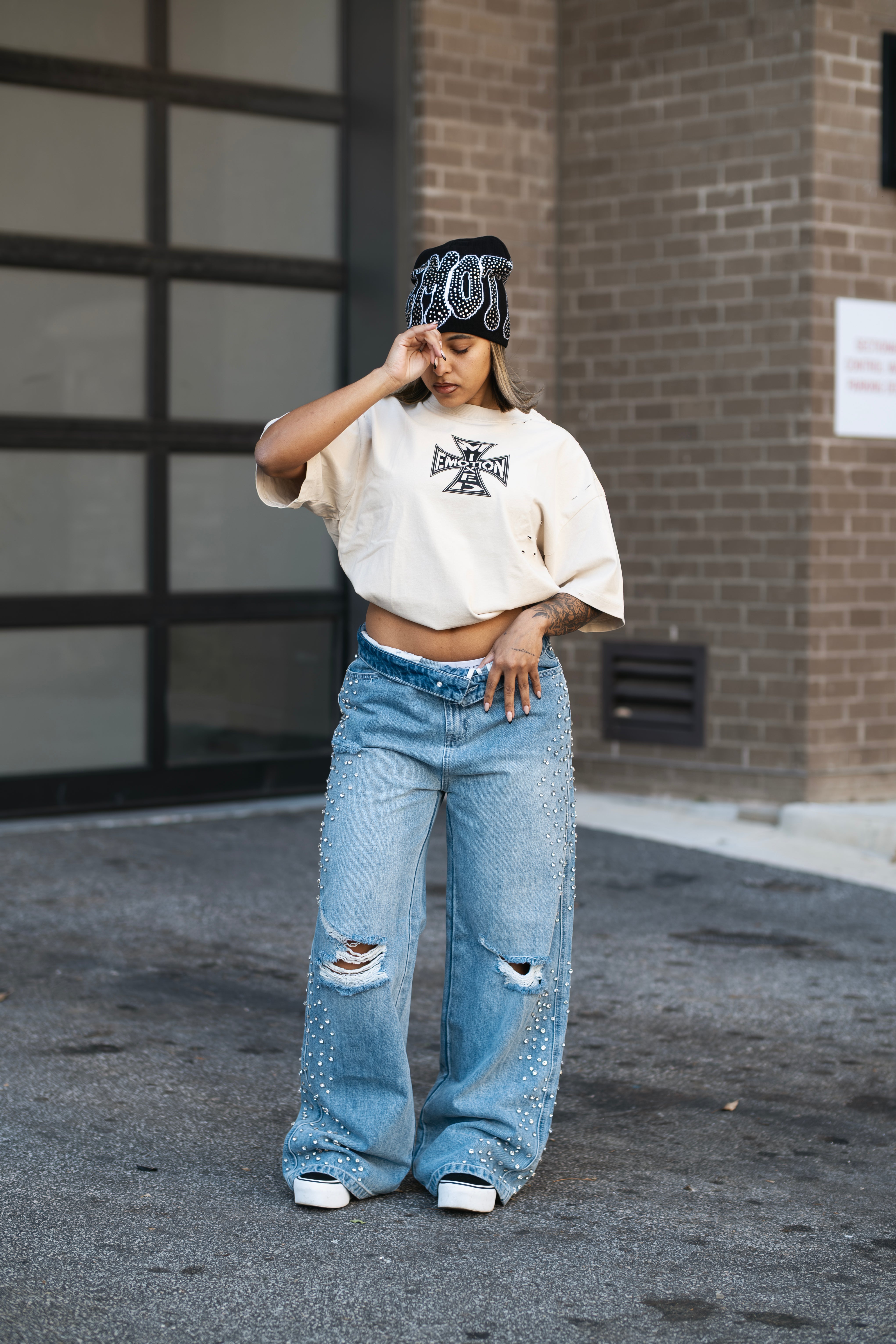 MIXED EMOTION Ripped Rhinestone Wide‑Leg Jeans