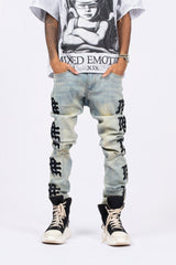MIXED EMOTION Vertical Letter Print Slim‑Fit Jeans