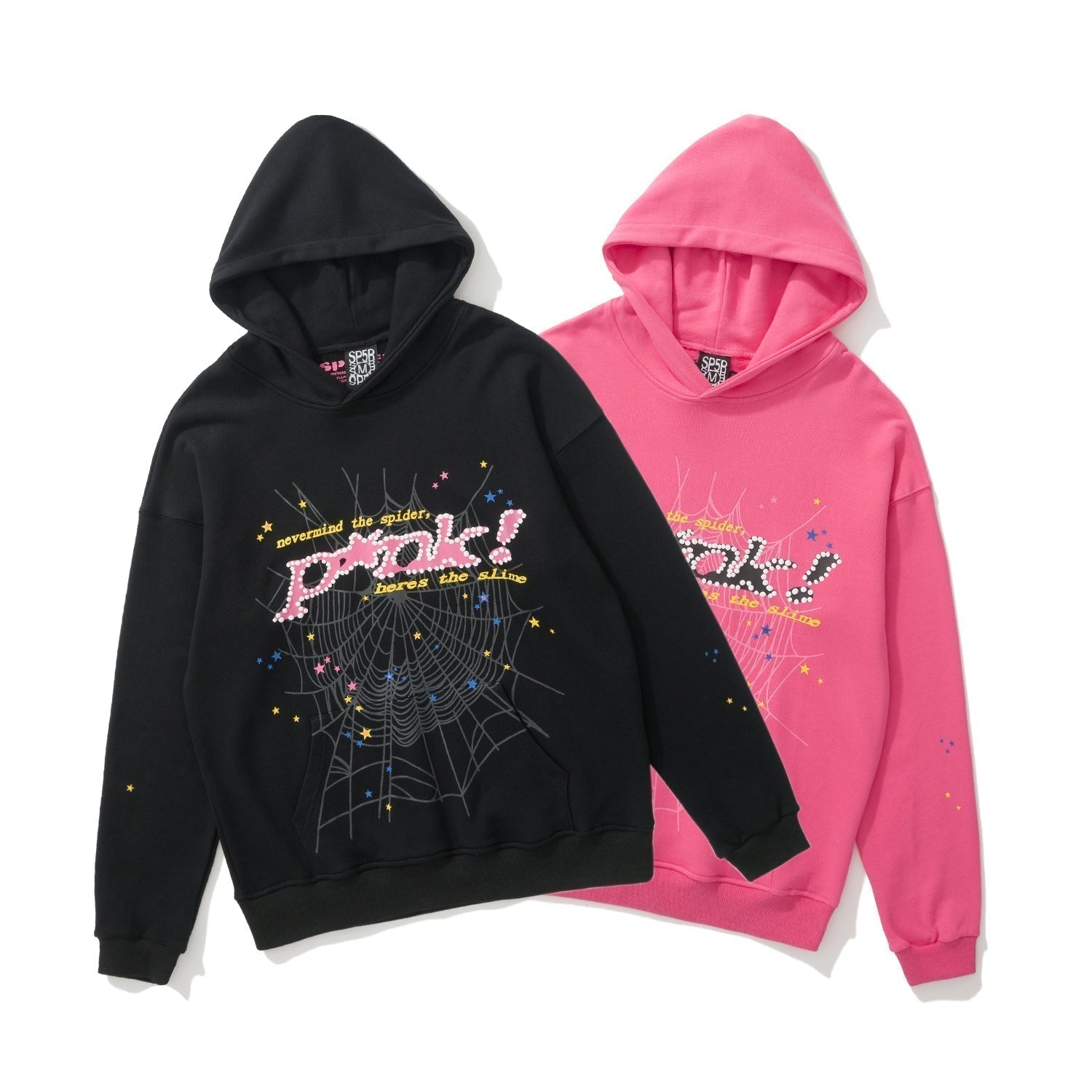 Sp5der Pink Text Spider‑Web 2‑Color Pullover Hoodie
