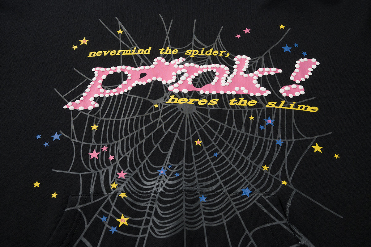 Sp5der Pink Text Spider‑Web 2‑Color Pullover Hoodie