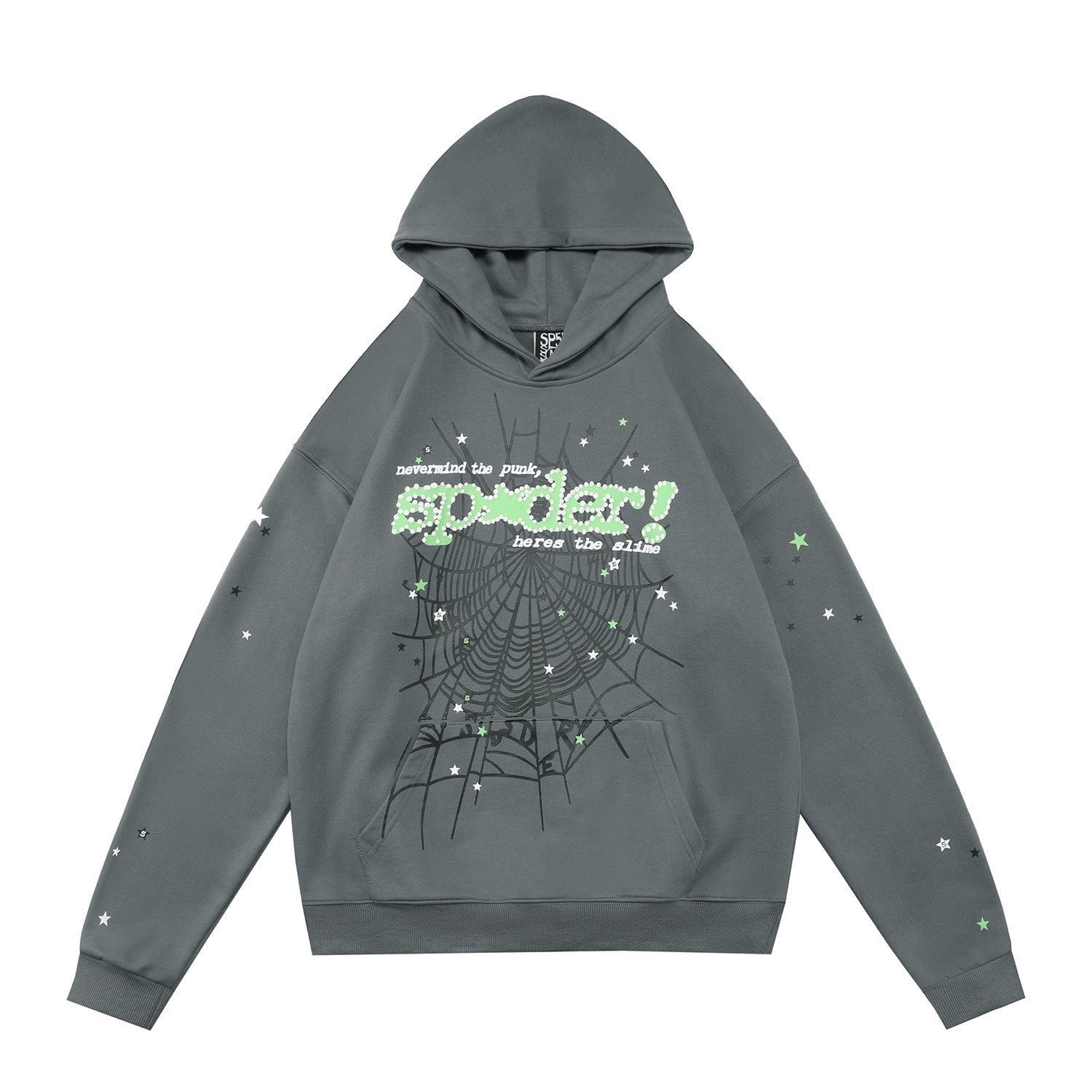 Sp5der Green Text Spider‑Web Dark Grey Pullover Hoodie
