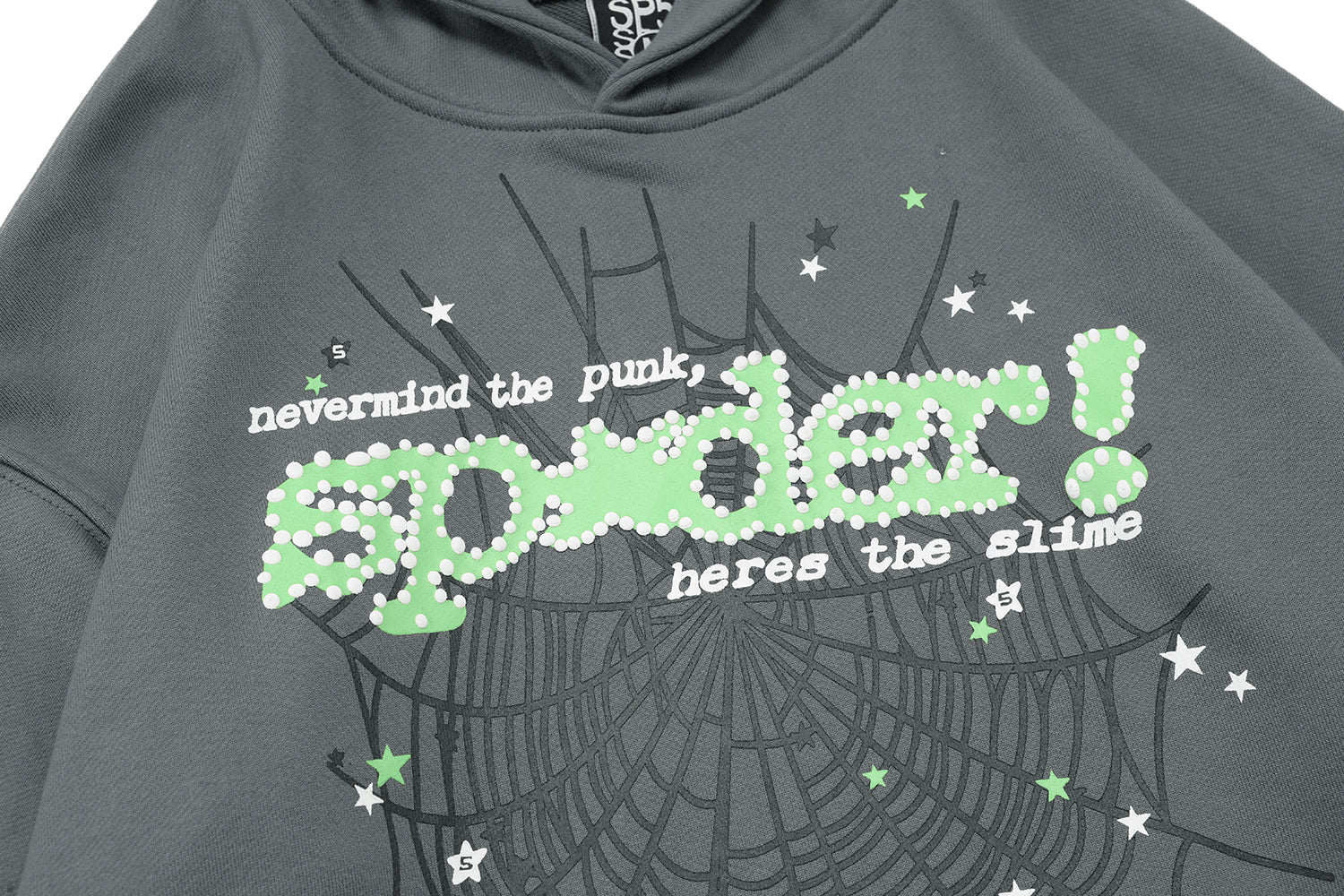 Sp5der Green Text Spider‑Web Dark Grey Pullover Hoodie