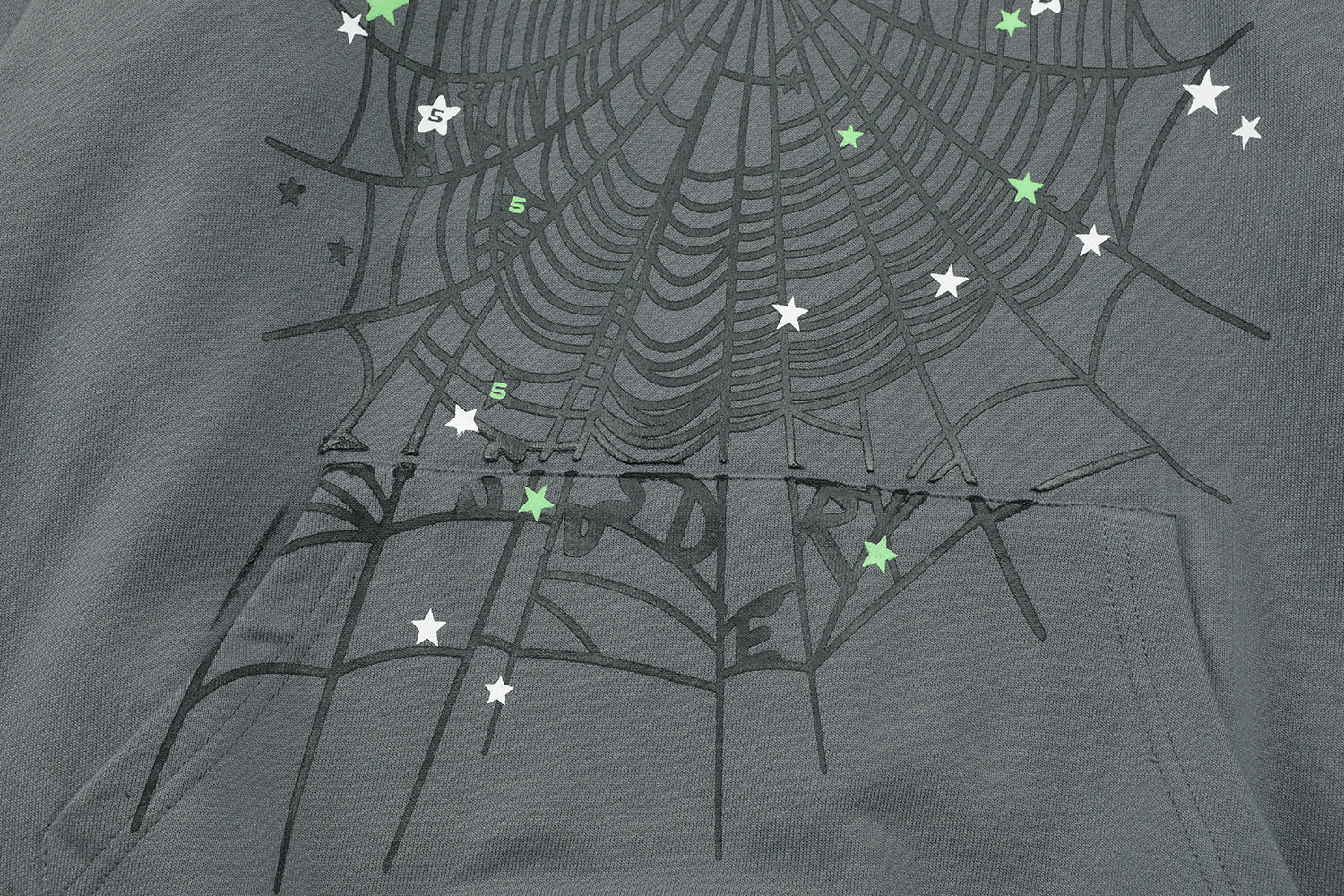 Sp5der Green Text Spider‑Web Dark Grey Pullover Hoodie