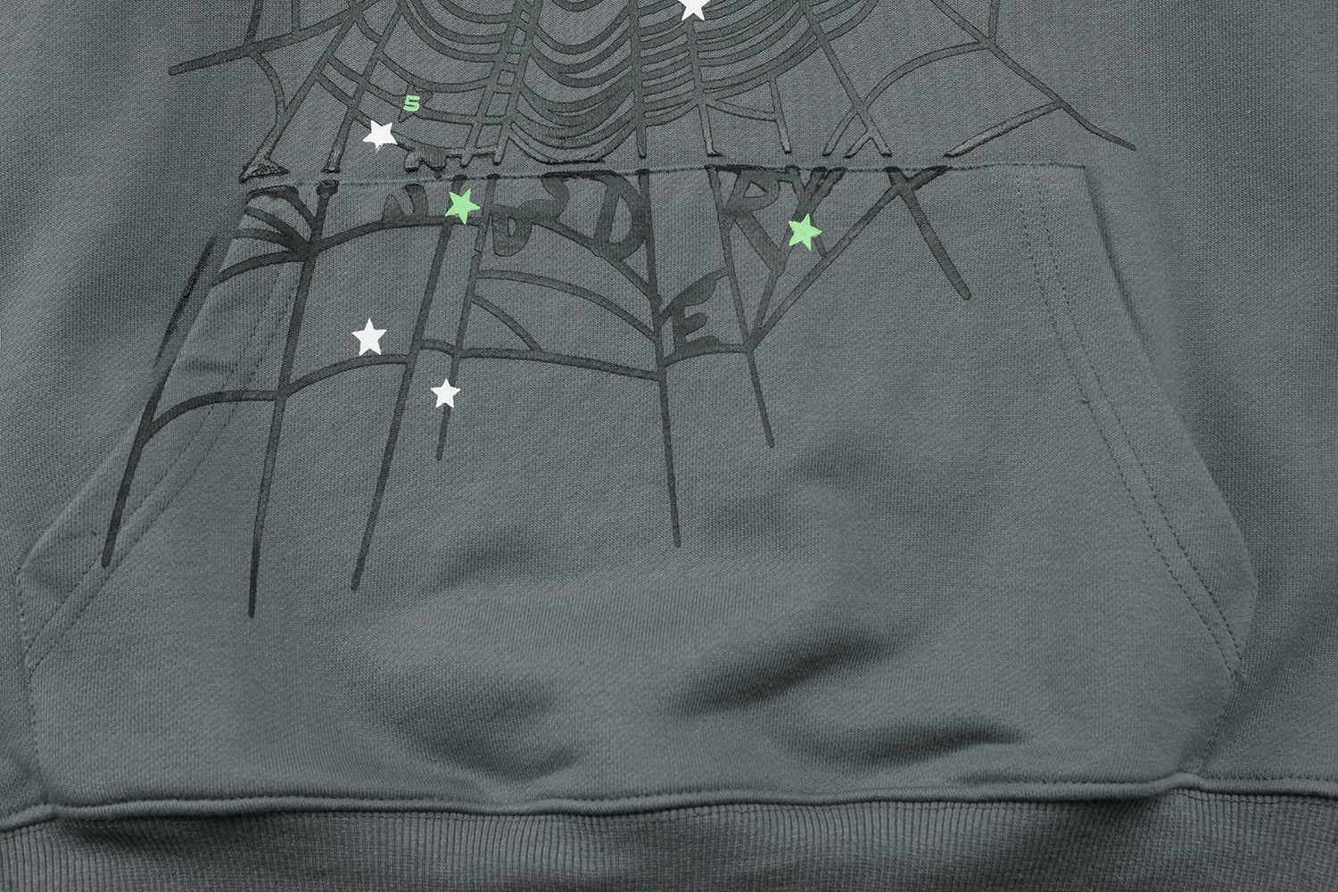 Sp5der Green Text Spider‑Web Dark Grey Pullover Hoodie