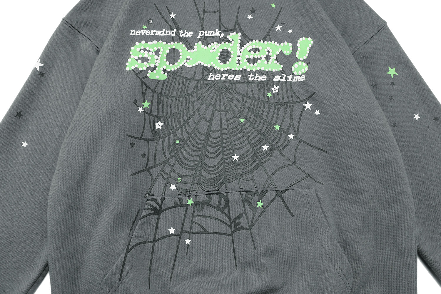 Sp5der Green Text Spider‑Web Dark Grey Pullover Hoodie