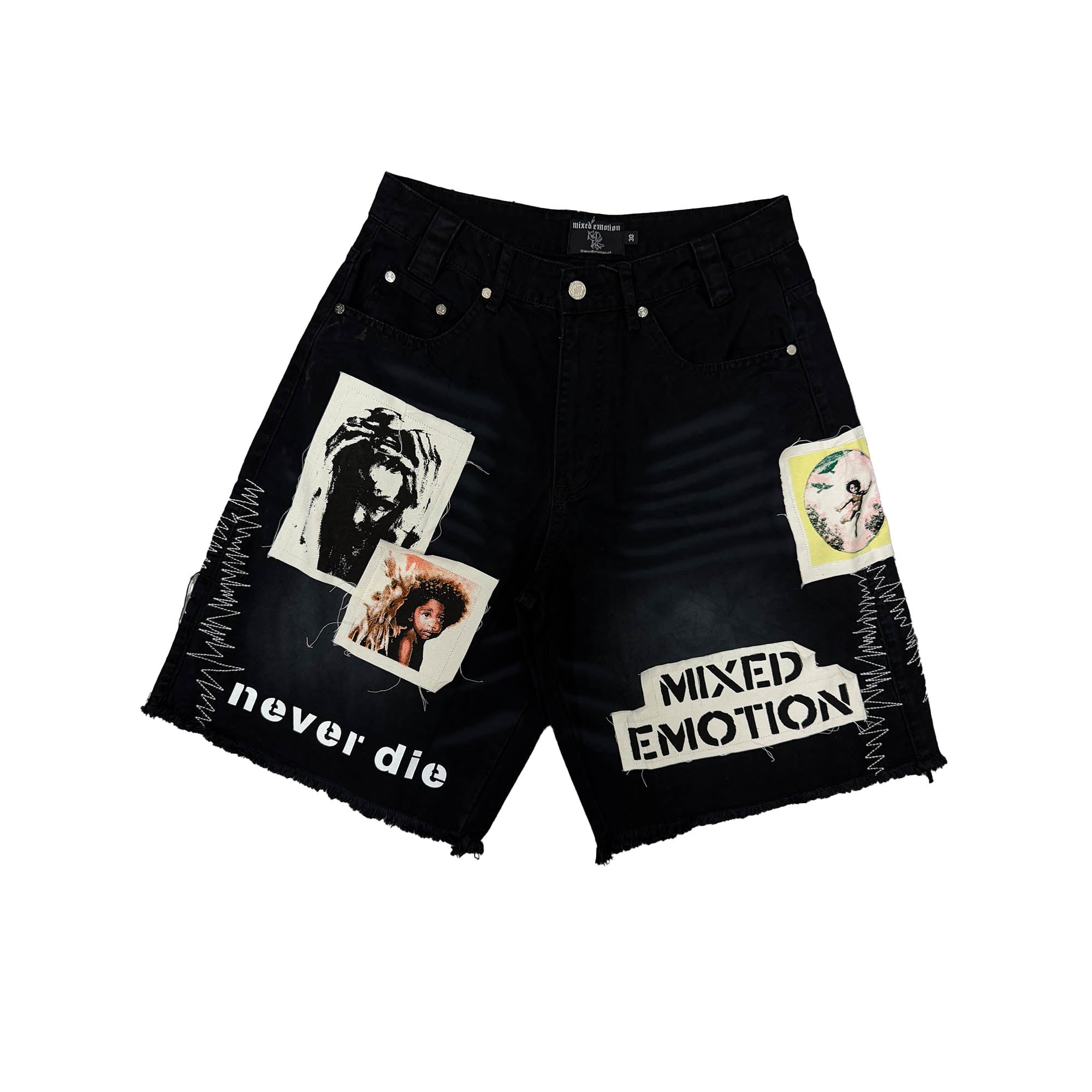 MIXED EMOTION Photo Patchwork Frayed Black Denim Streetwear Shorts