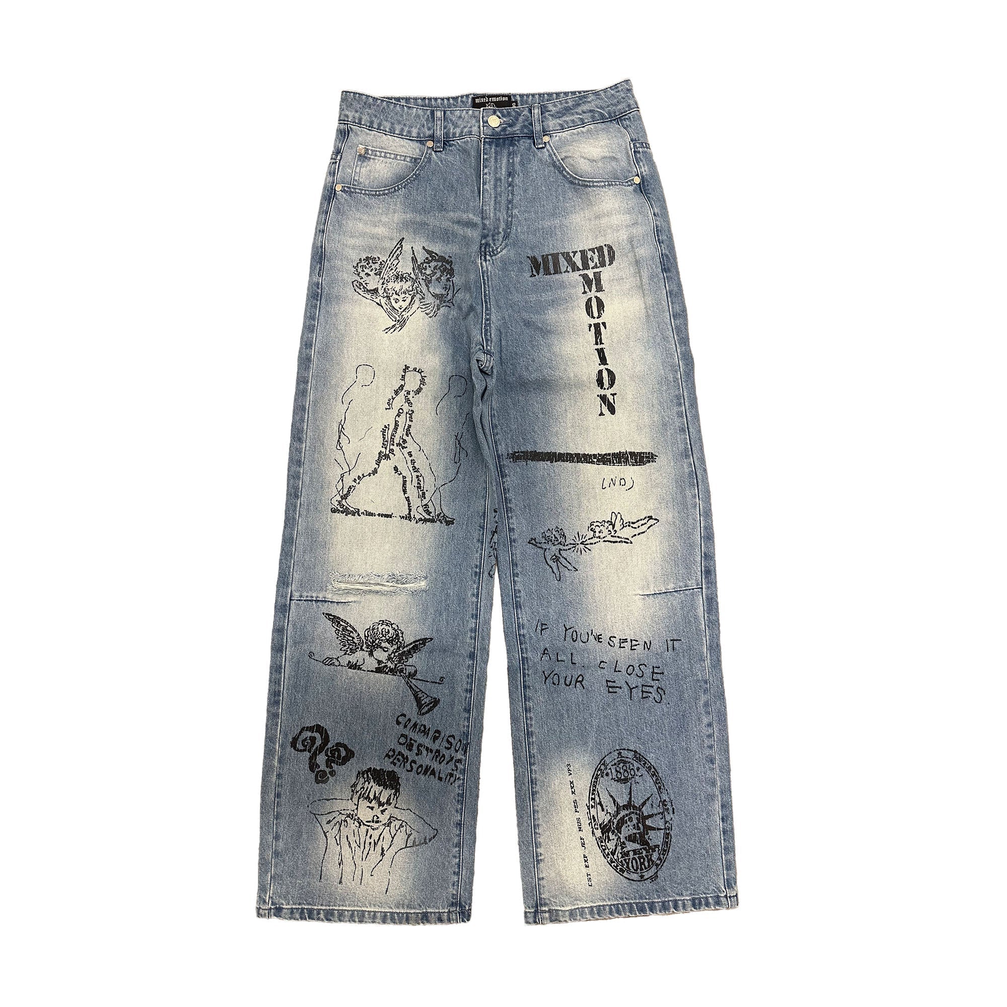 MIXED EMOTION Graphic Print Wide‑Leg Blue Jeans