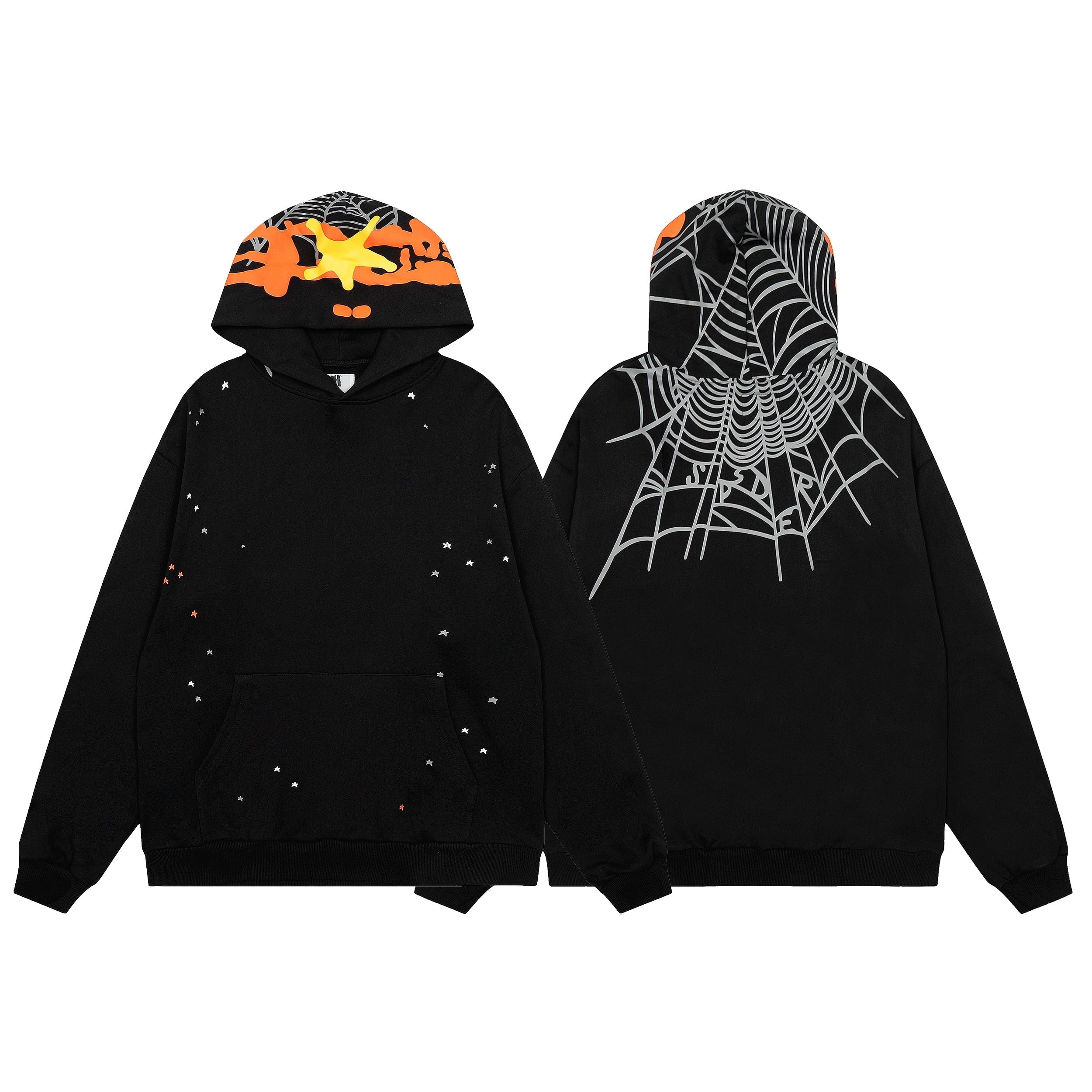 Sp5der Hood‑Print Star Splatter Pullover Hoodie