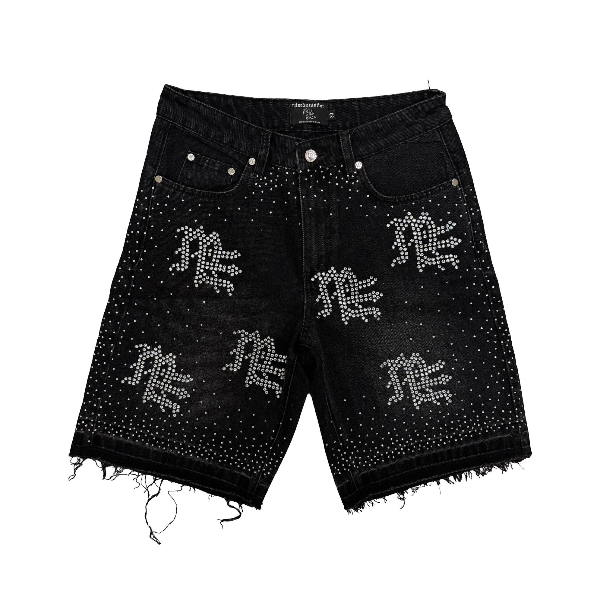 MIXED EMOTION Rhinestone Graphic Frayed Black Denim Shorts