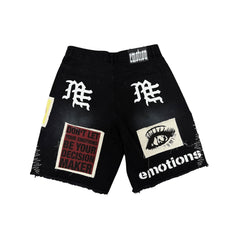 MIXED EMOTION Photo Patchwork Frayed Black Denim Streetwear Shorts