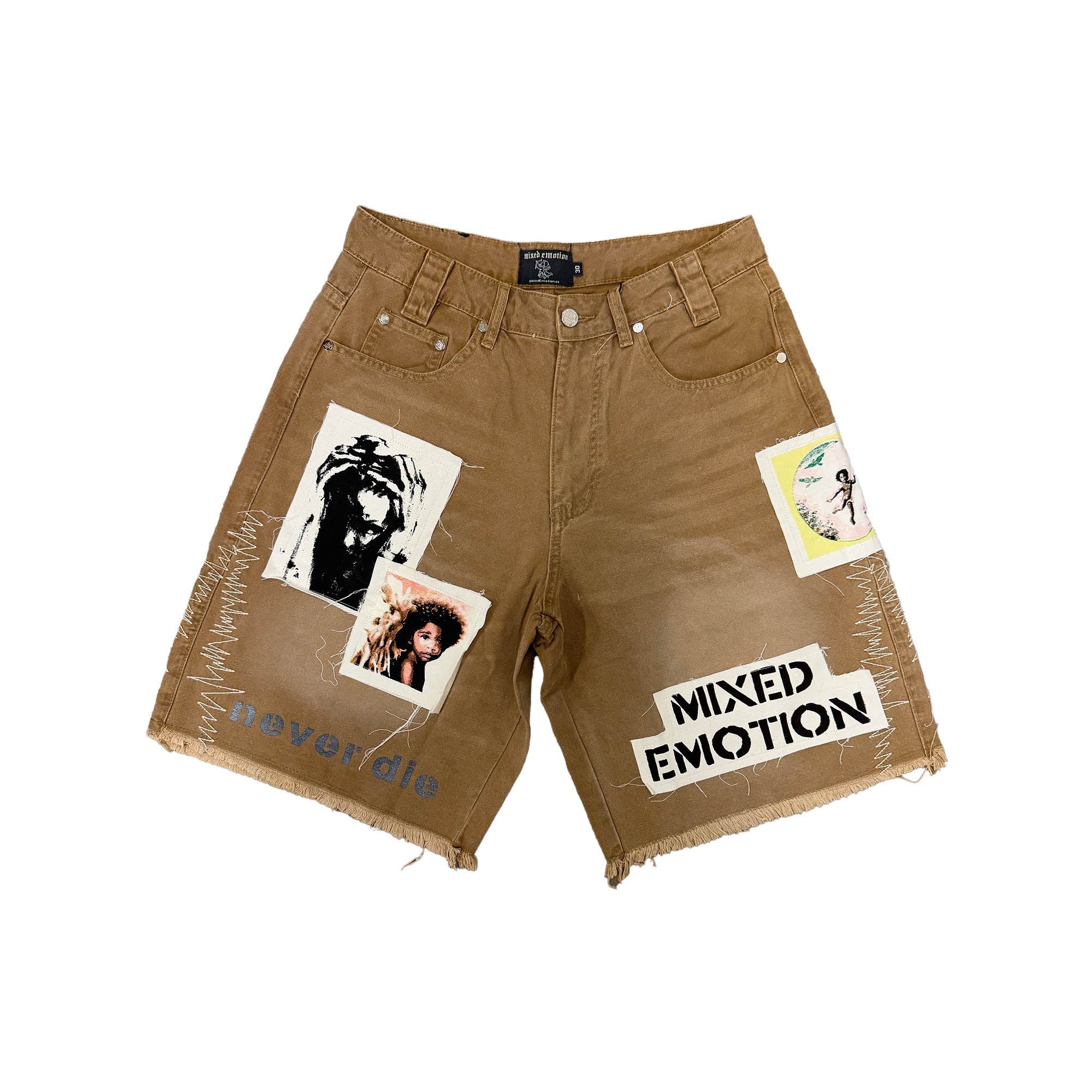 MIXED EMOTION Photo Patchwork Frayed Brown Denim Streetwear Shorts