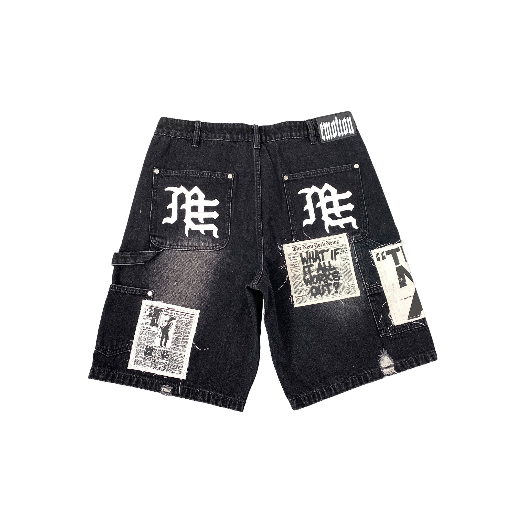 MIXED EMOTION Patchwork Distressed Black Denim Streetwear Shorts