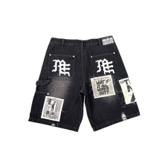 MIXED EMOTION Patchwork Distressed Black Denim Streetwear Shorts