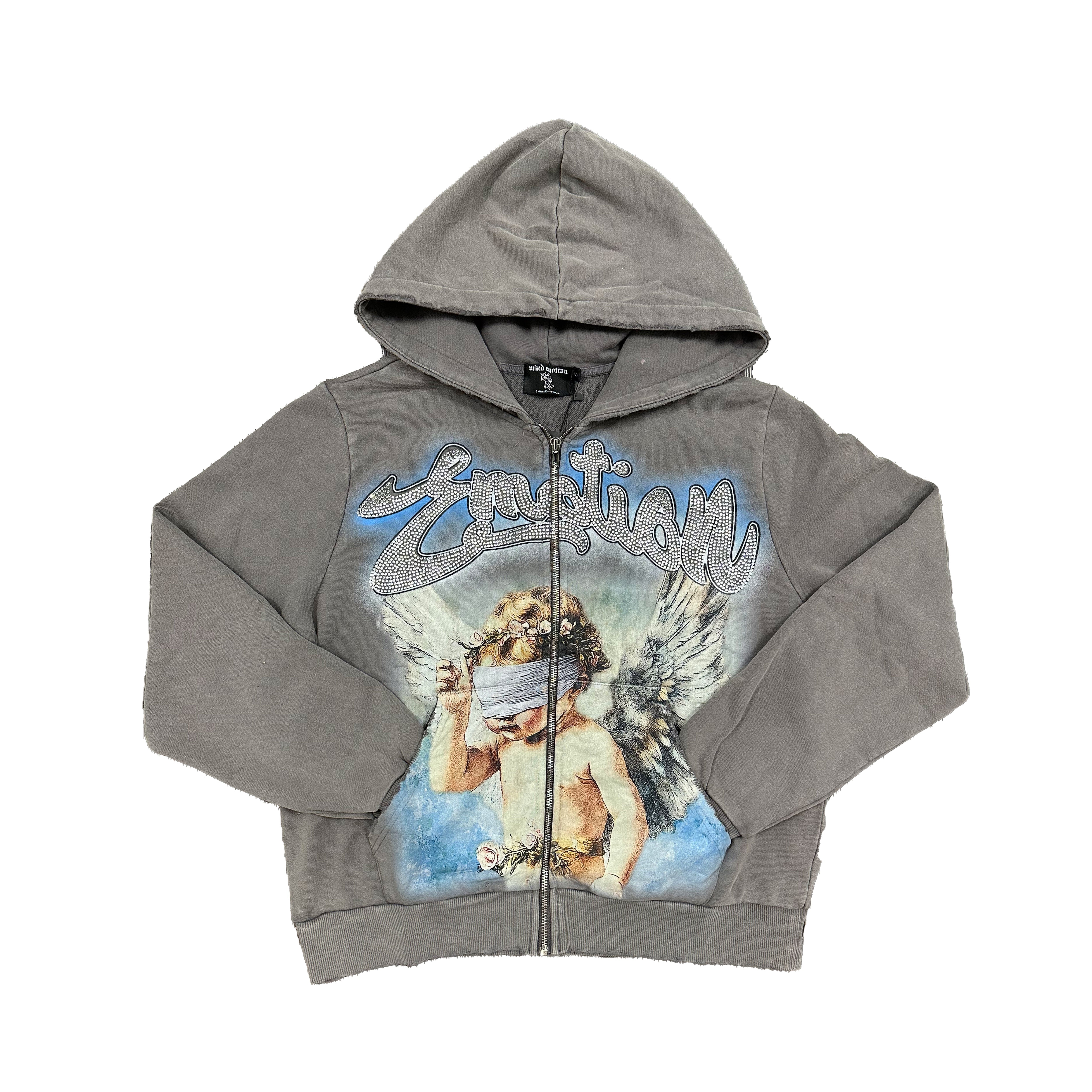 MIXED EMOTION Blindfolded Angel Graphic Full‑Zip Hoodie