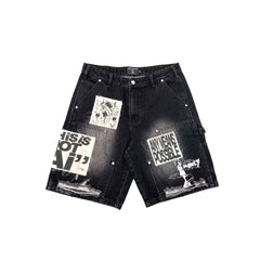 MIXED EMOTION Patchwork Distressed Black Denim Streetwear Shorts